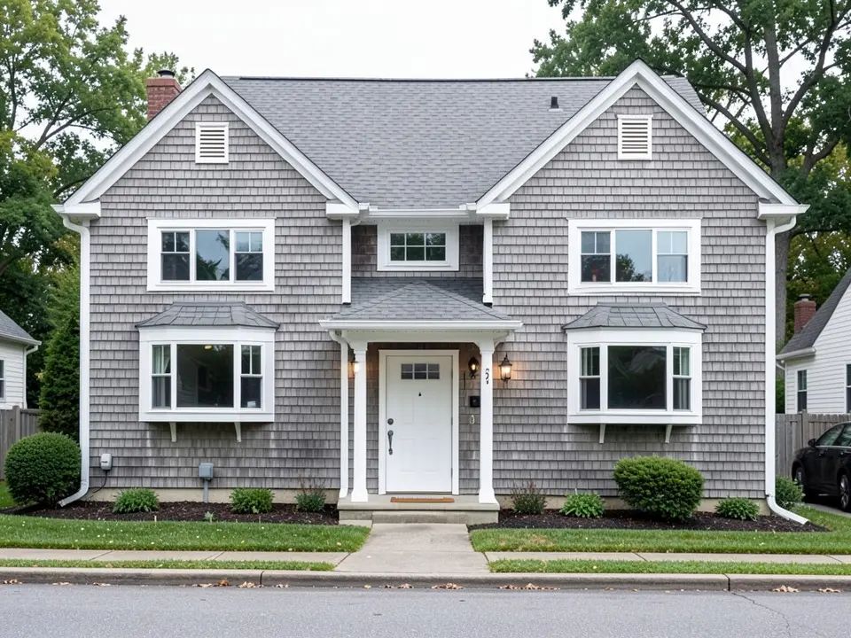 AI-drawn generic stand-in of a Cape Cod house with gray shingle-style siding, white trim, a gray roof and a white front door