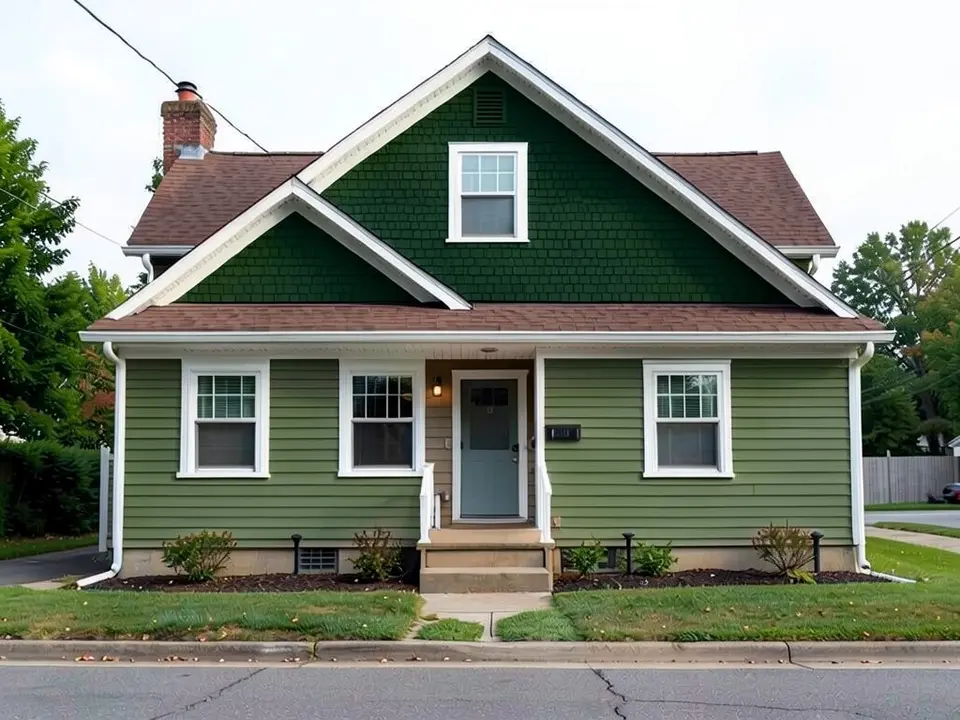 The same house with a dark green shingle gable and green lap siding below; the white trim and brown roof kept