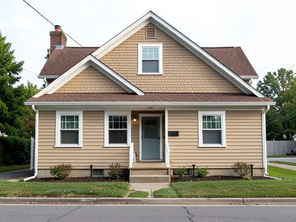 AI-drawn generic stand-in of a craftsman house with lap siding on the lower floor, a tan shingle gable, white trim and a brown roof