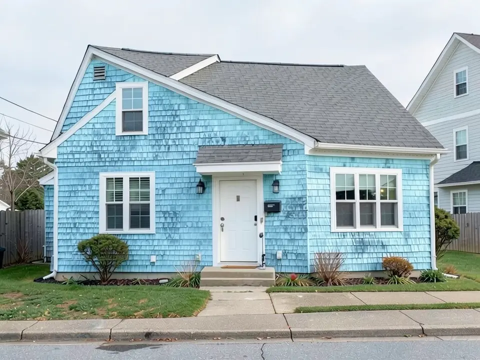 The same cottage with light blue shingle walls; the white trim, gray roof and white door kept
