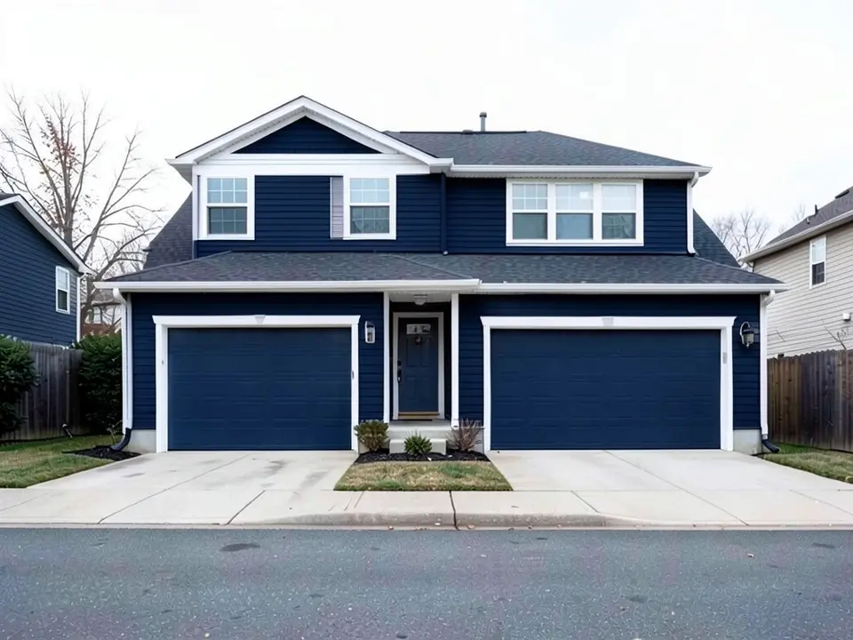 The same house with deep navy siding, including the garage doors; the white trim and dark roof kept