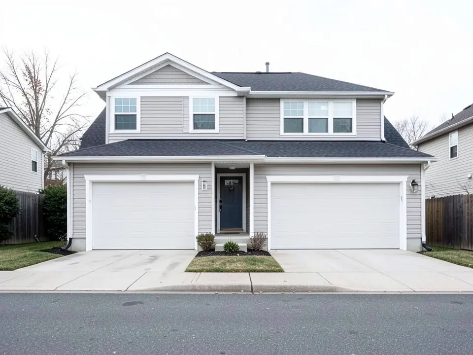 AI-drawn generic stand-in of a suburban two-story house with light gray siding, white trim, a dark roof and a two-car garage
