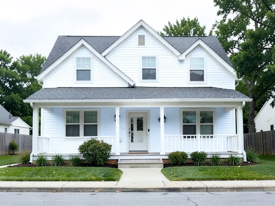 The same house with bright white siding; the white trim, gray roof and porch kept
