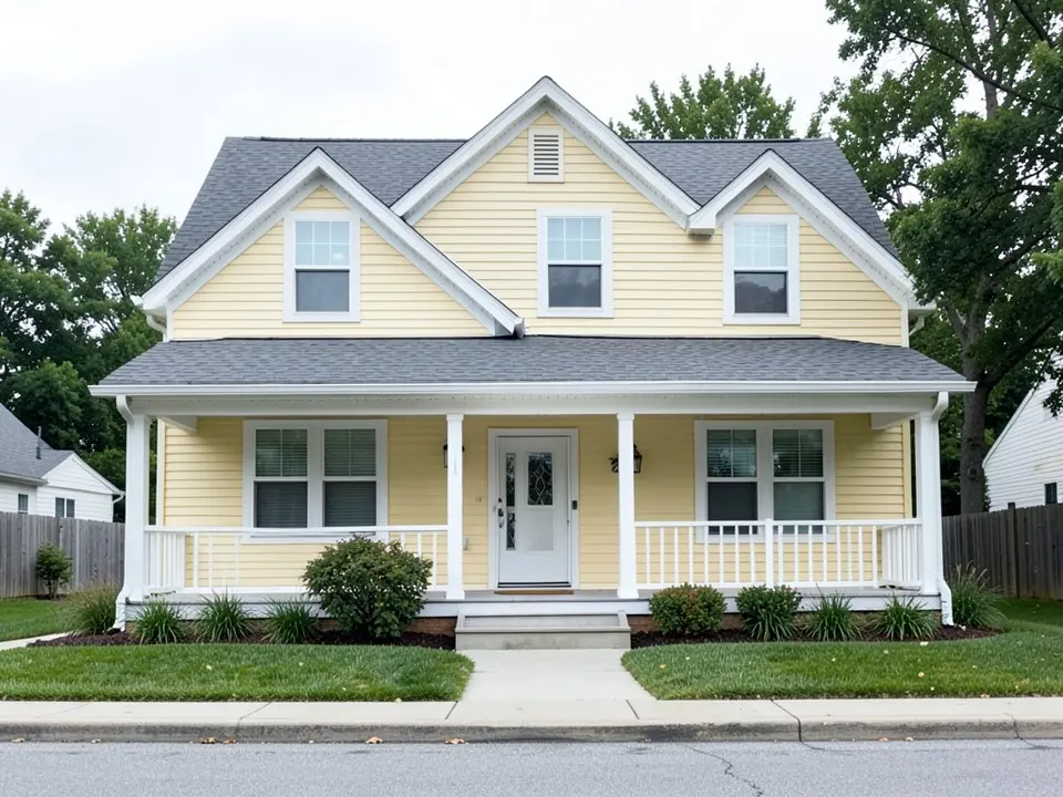 AI-drawn generic stand-in of a suburban house with pale yellow siding, white trim, a gray roof and a porch