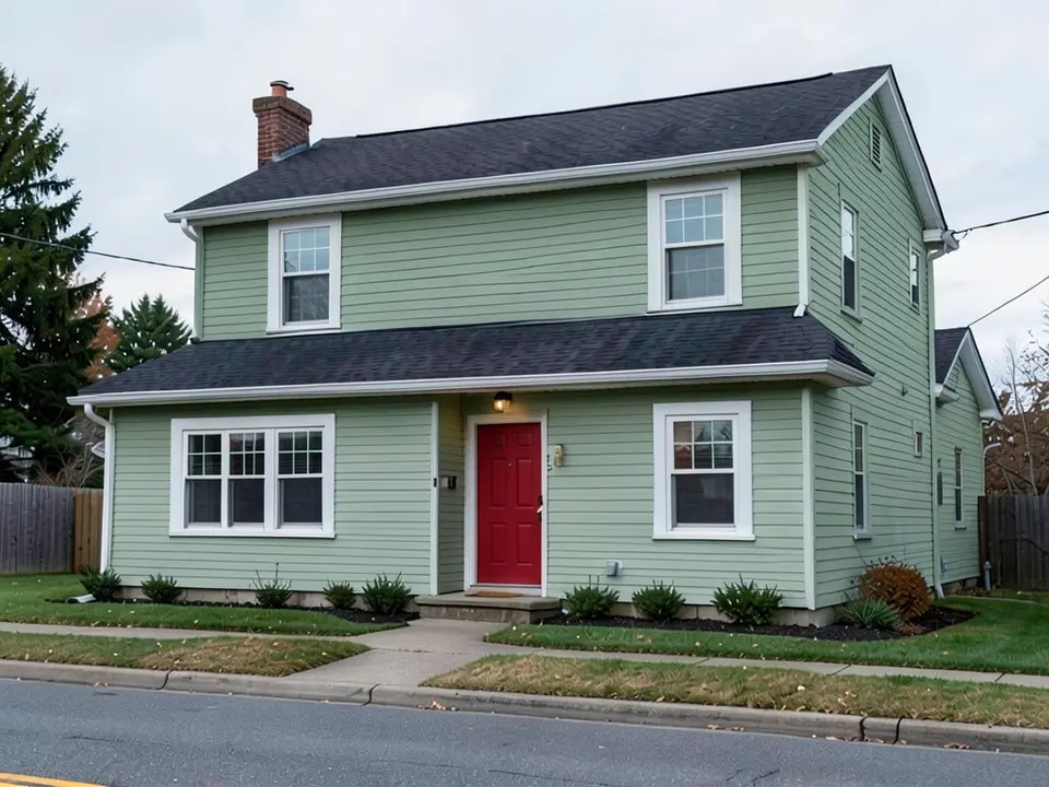 The same house with muted sage green siding on both floors; the dark roof, white trim and red door kept