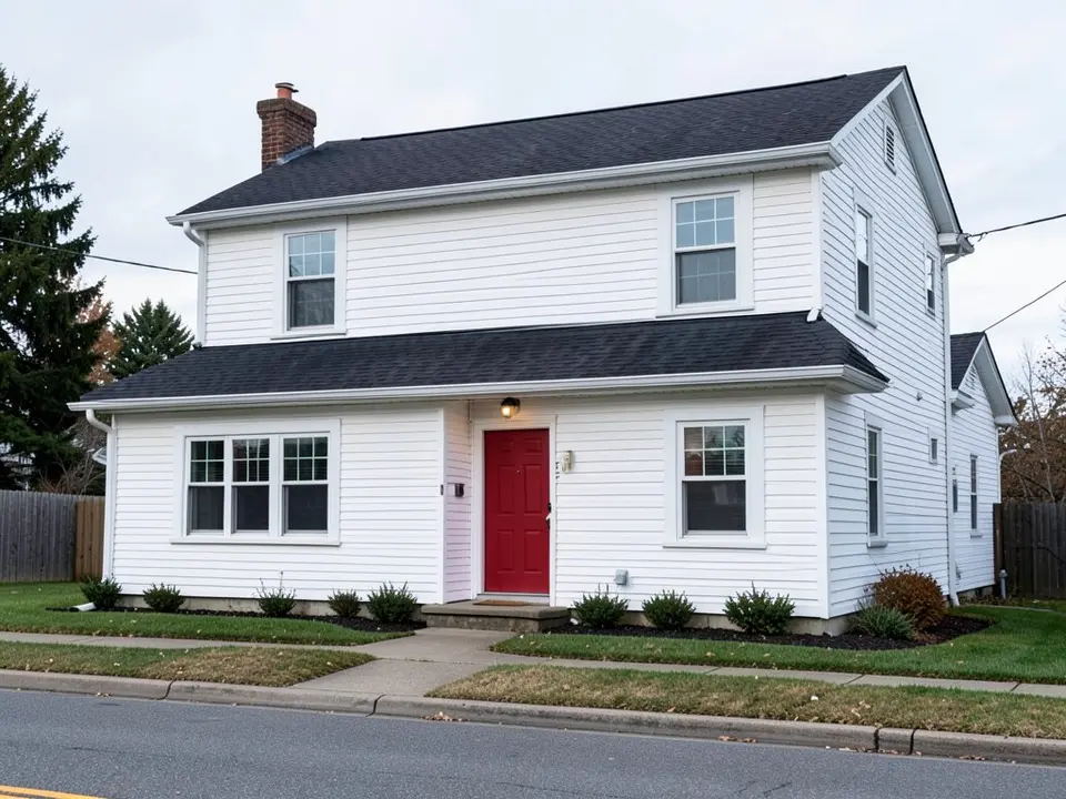 AI-drawn generic stand-in of a two-story house with white siding, white trim, a dark roof and a red front door