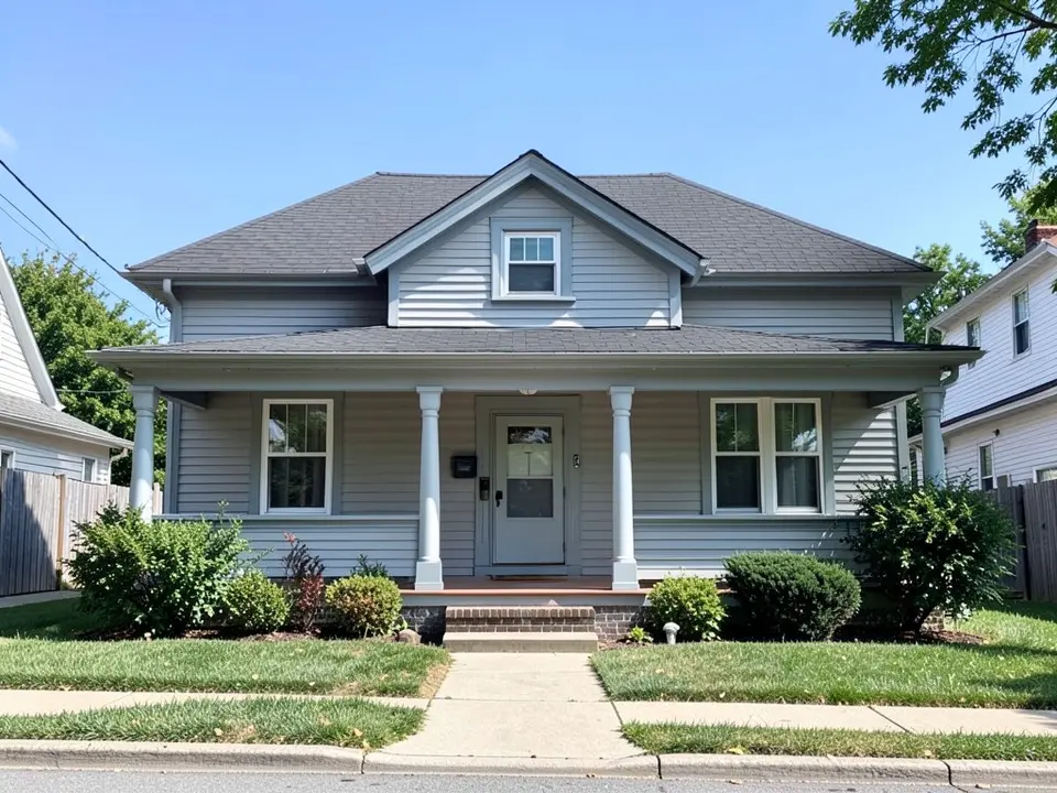 AI-drawn generic stand-in of a Craftsman-style house with light gray siding and trim, white window sash, a deep front porch with tapered columns and a dark roof