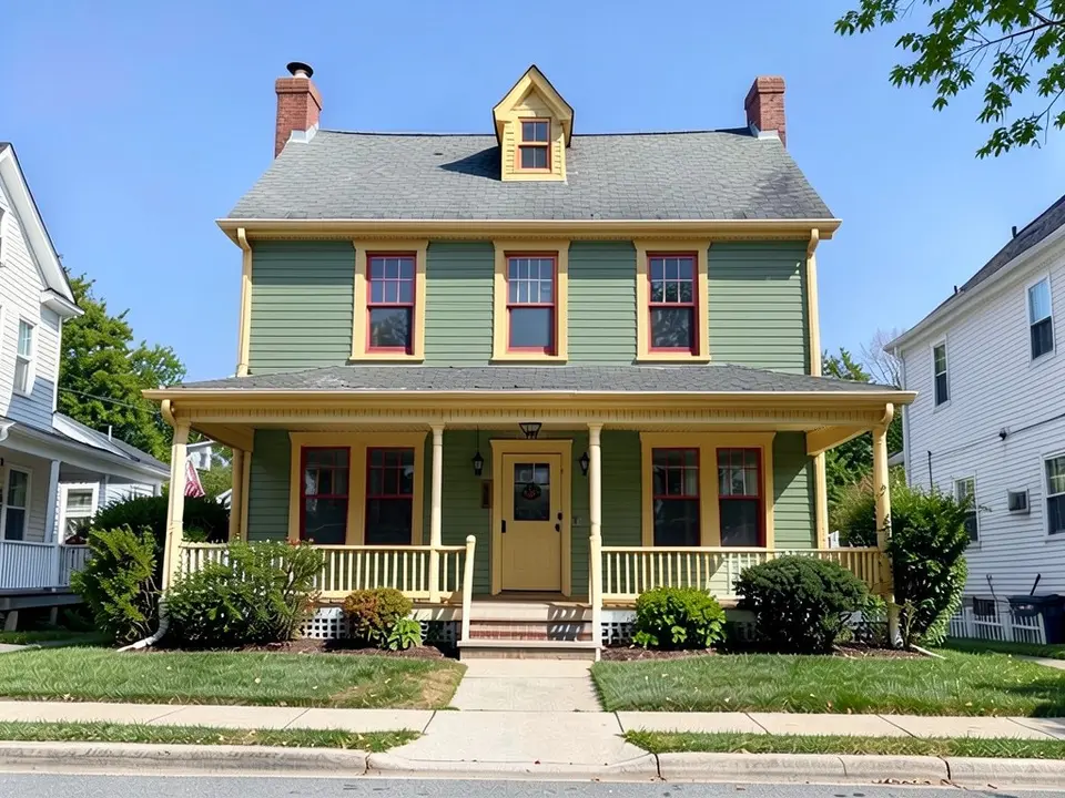 The same house with sage green siding, cream trim and porch, and deep red window sash; roof kept