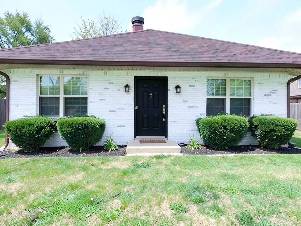 The same house with white painted brick and a black front door; roof, shrubs and lawn kept
