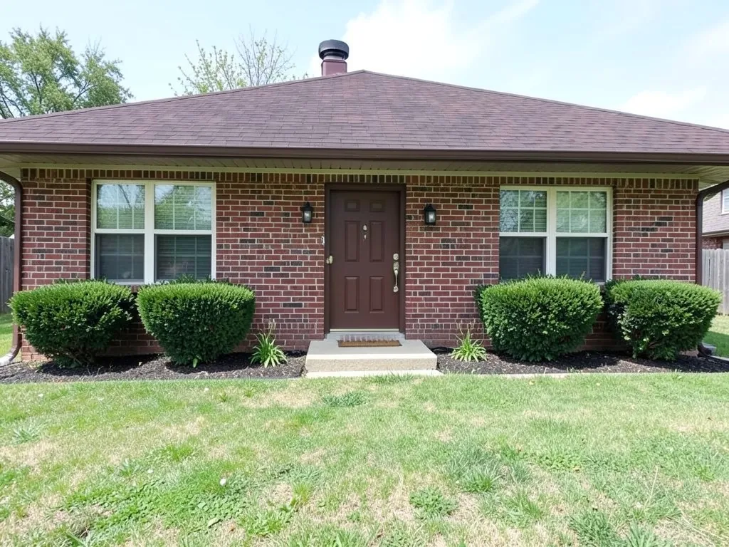AI-drawn generic stand-in of a one-story ranch house with red brick walls, a brown roof, a brown front door and two shrubs