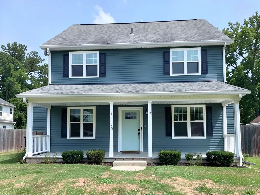The same house with slate blue siding; white trim, dark shutters, porch and roof kept