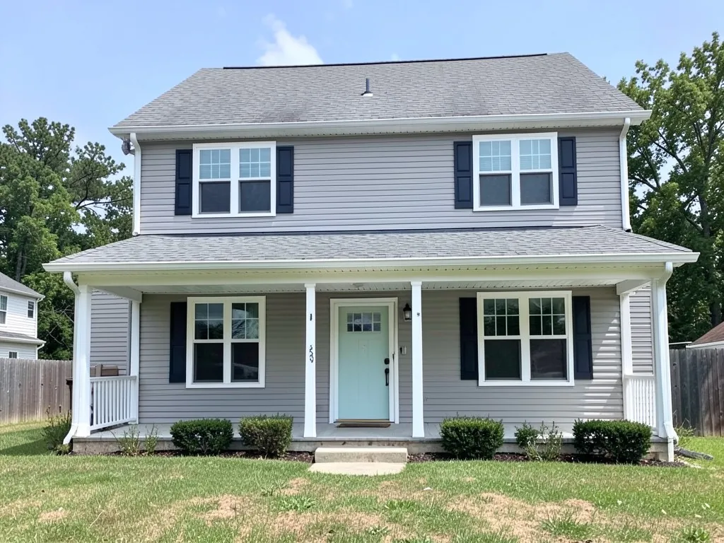 AI-drawn generic stand-in of a two-story house with light gray siding, white trim, dark shutters and a front porch