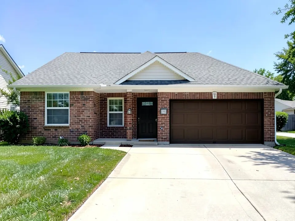 The same brick house with a dark brown paneled garage door and a black front door; brick, trim and gray roof kept