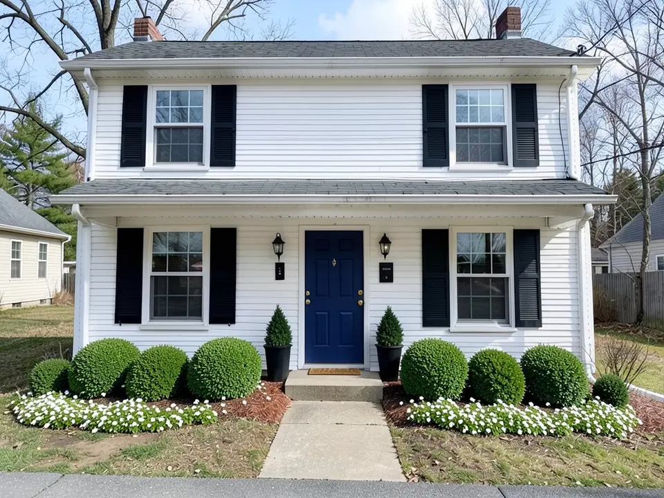 The same colonial with black shutters, a navy blue front door, two black lanterns, potted evergreens and boxwood shrubs with white flowers