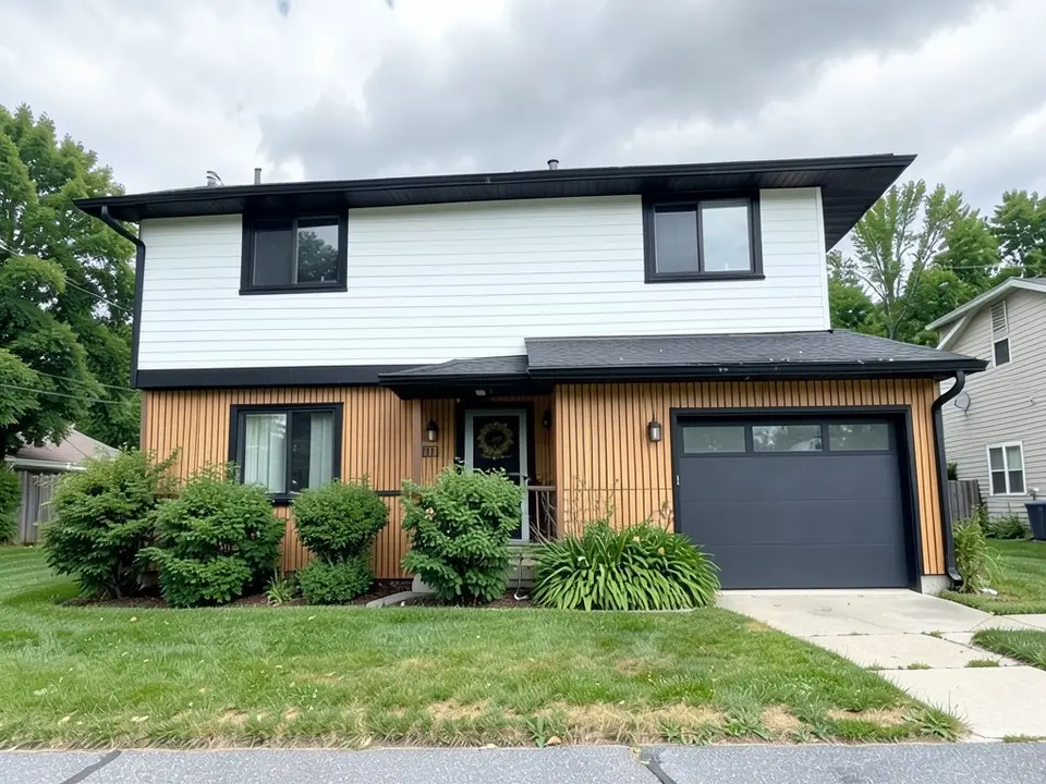 The same house updated with white lap siding upstairs, warm wood slat cladding downstairs, black windows, black gutters and a charcoal garage door with a glass strip