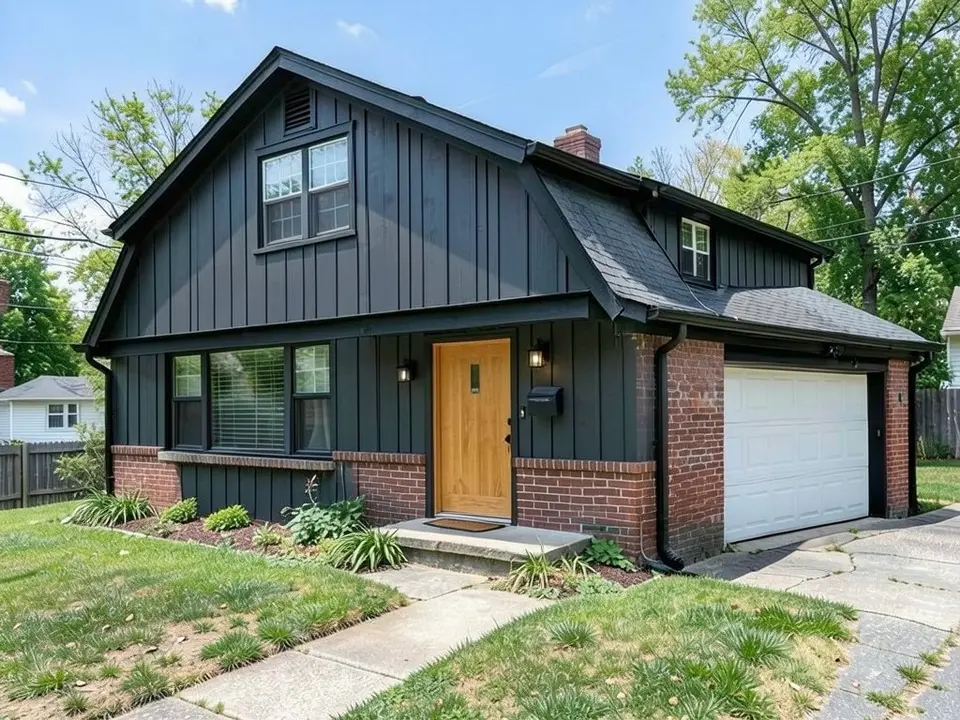 The same house keeping its red brick, with charcoal board and batten siding above, black trim and gutters and a new natural oak front door