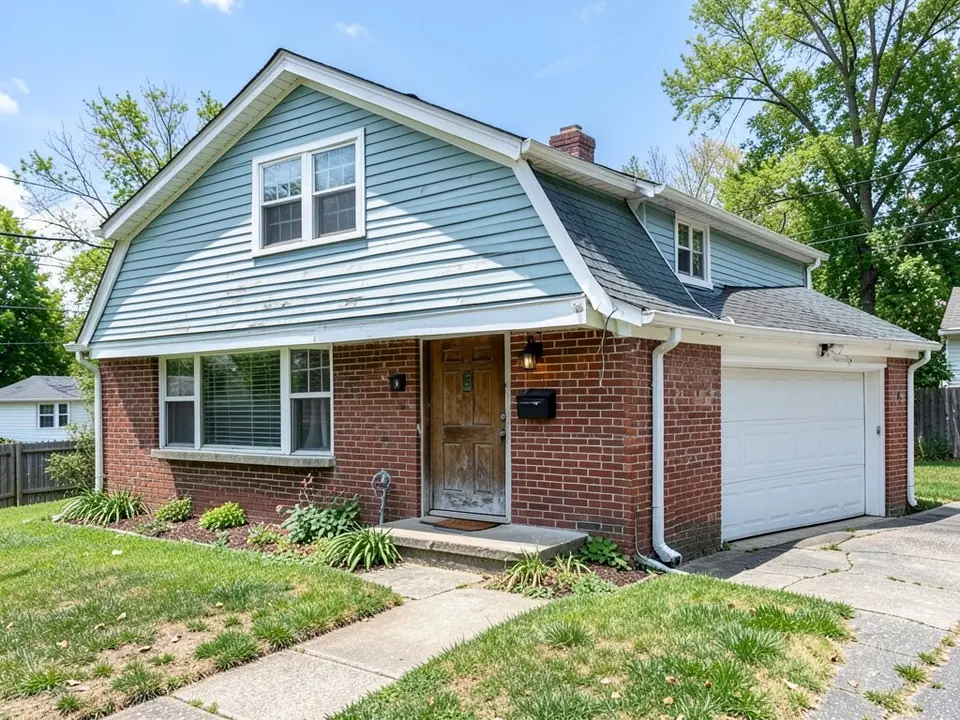 Older house with red brick on the lower walls, faded light blue siding above, white trim and a worn wood front door