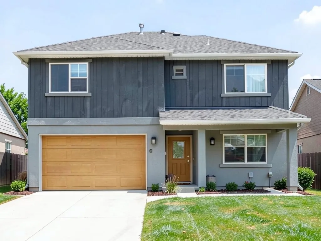 The same house with dark grey vertical cladding on the upper floor, pale grey lower floor and natural wood-color garage door and front door