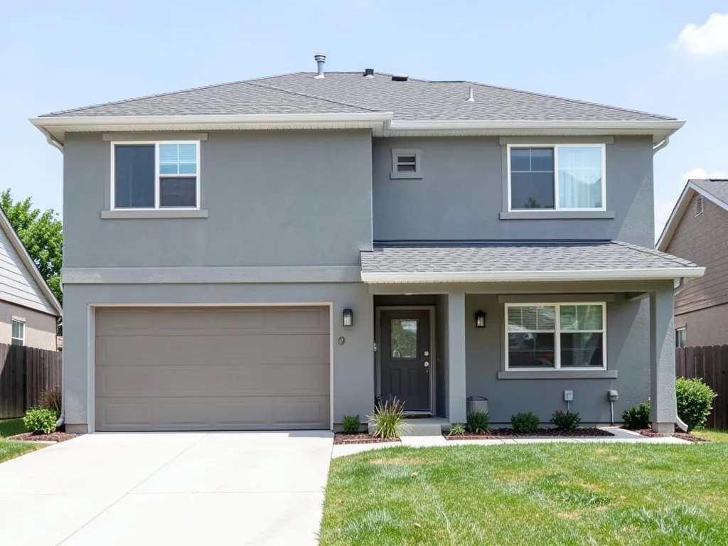AI-drawn generic stand-in of a plain two-story suburban house with grey painted walls, a double garage door, a small entry porch and a grey roof