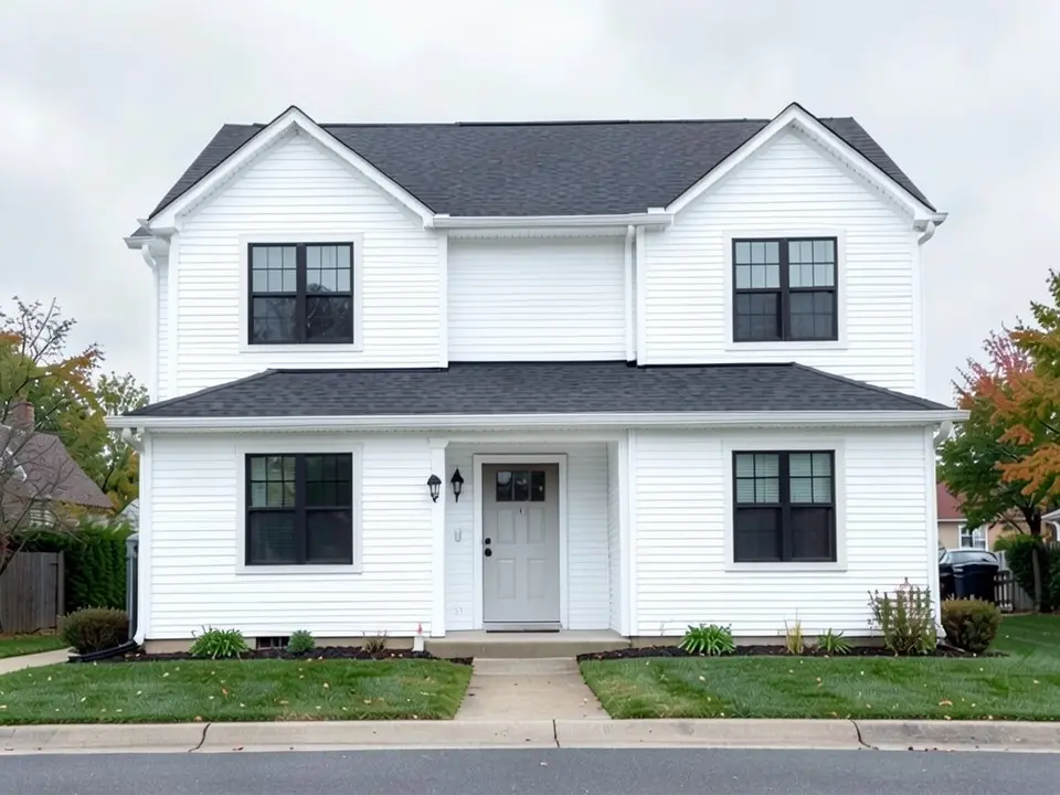 The same house with bright white siding and trim; the black windows and dark roof kept, front door lightened