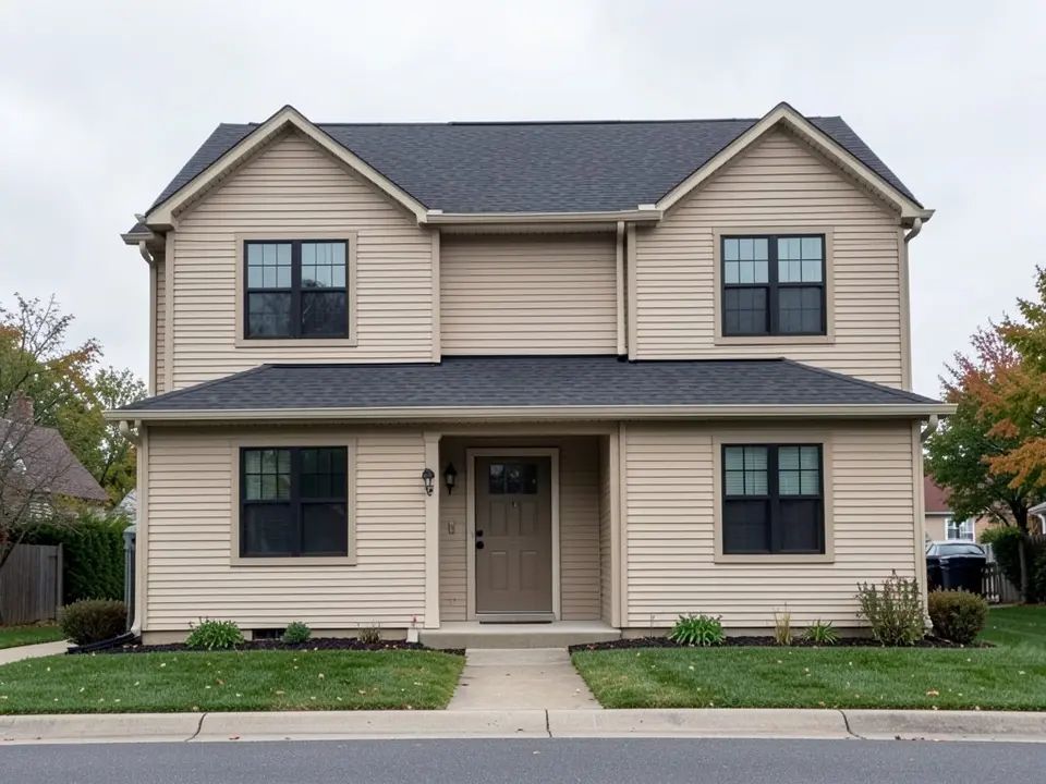 AI-drawn generic stand-in of a two-story house with beige lap siding and beige trim, black windows and a dark roof