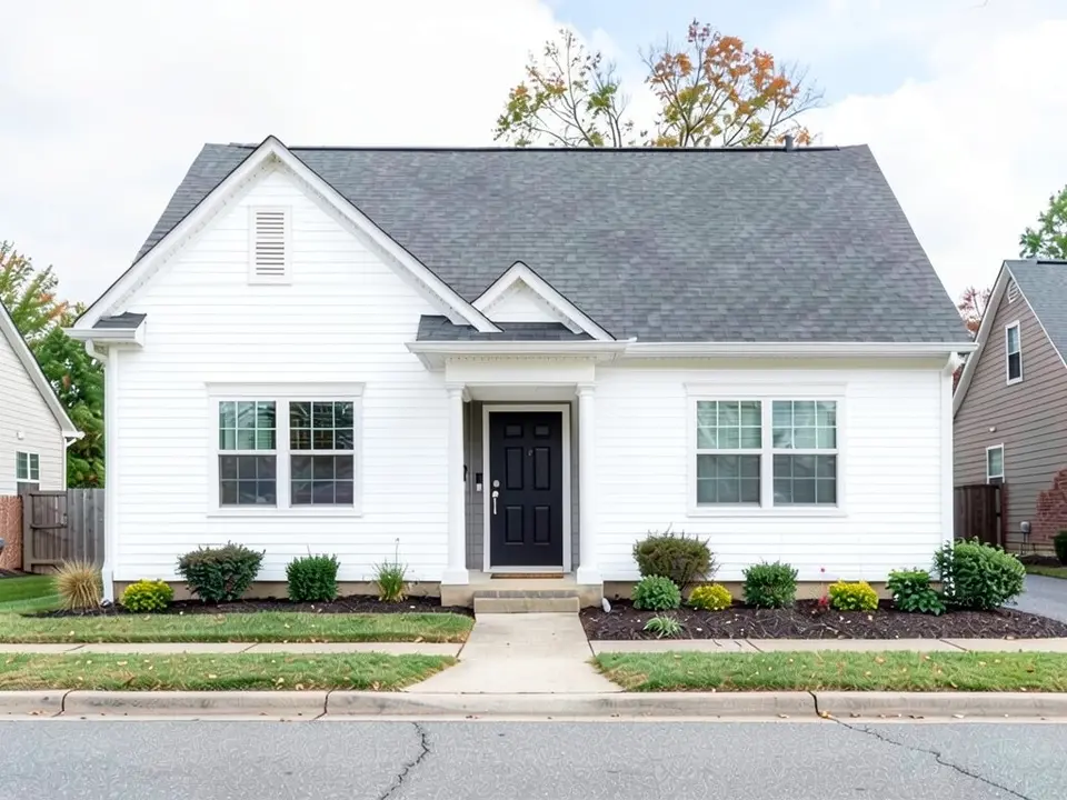 The same house with white siding the same shade as the trim; the black door and gray roof kept