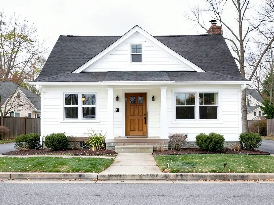The same house with white siding, white trim and white window frames; the dark roof and wood door kept