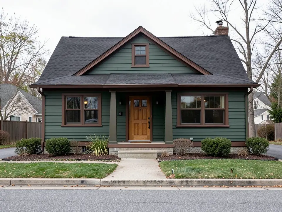 AI-drawn generic stand-in of a craftsman house with dark green lap siding, brown trim, a dark roof and a wood front door