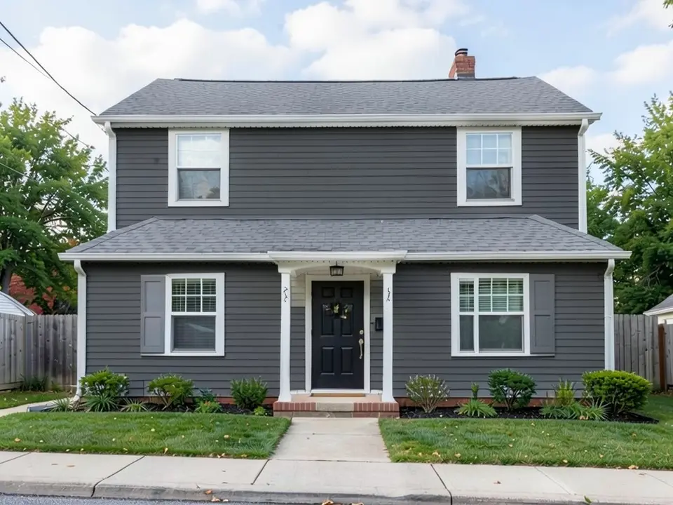 The same house with very dark charcoal lap siding; the white trim, gray roof and black door kept, shutters also darkened