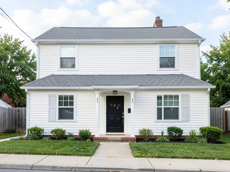 AI-drawn generic stand-in of a two-story house with white lap siding, white trim, a gray roof and a black front door
