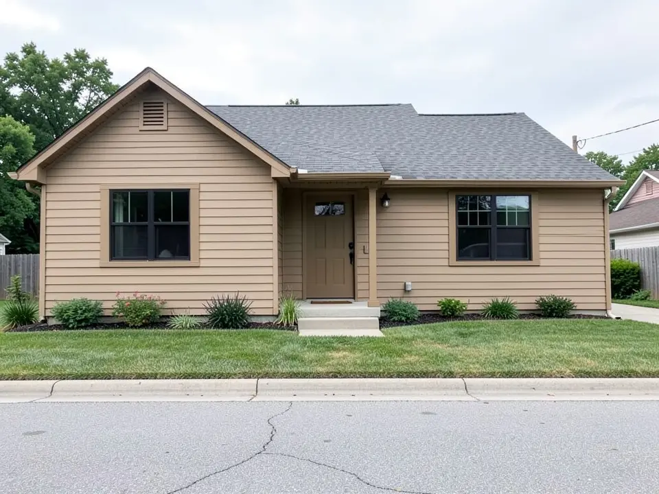 AI-drawn generic stand-in of a one-story ranch house with tan lap siding and tan trim, black windows and a gray roof