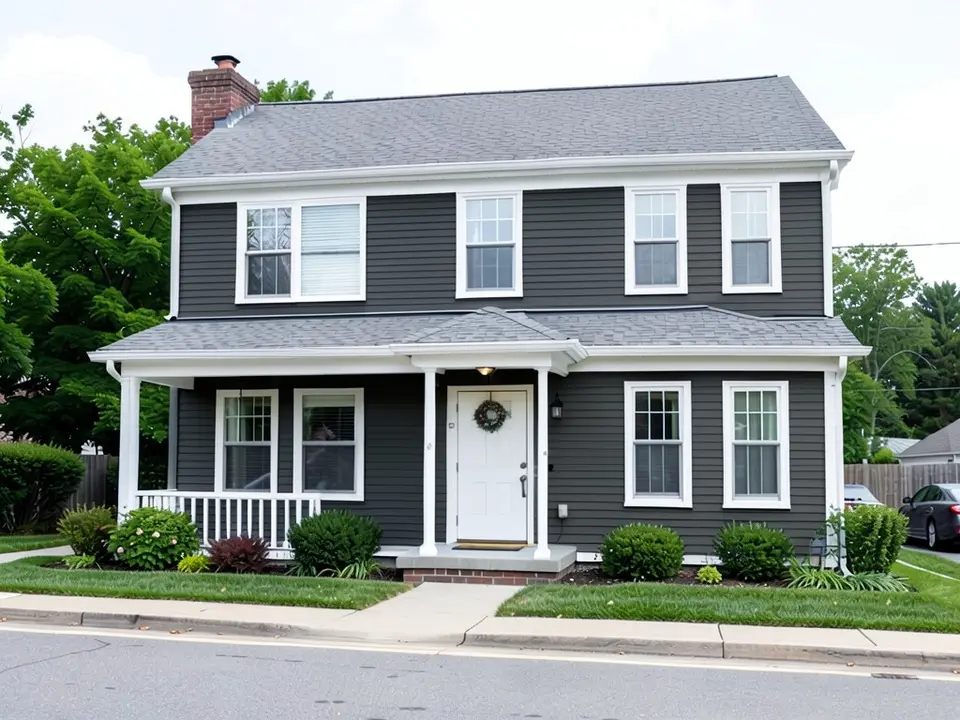 The same colonial house with charcoal lap siding; the white trim, white door and railing kept