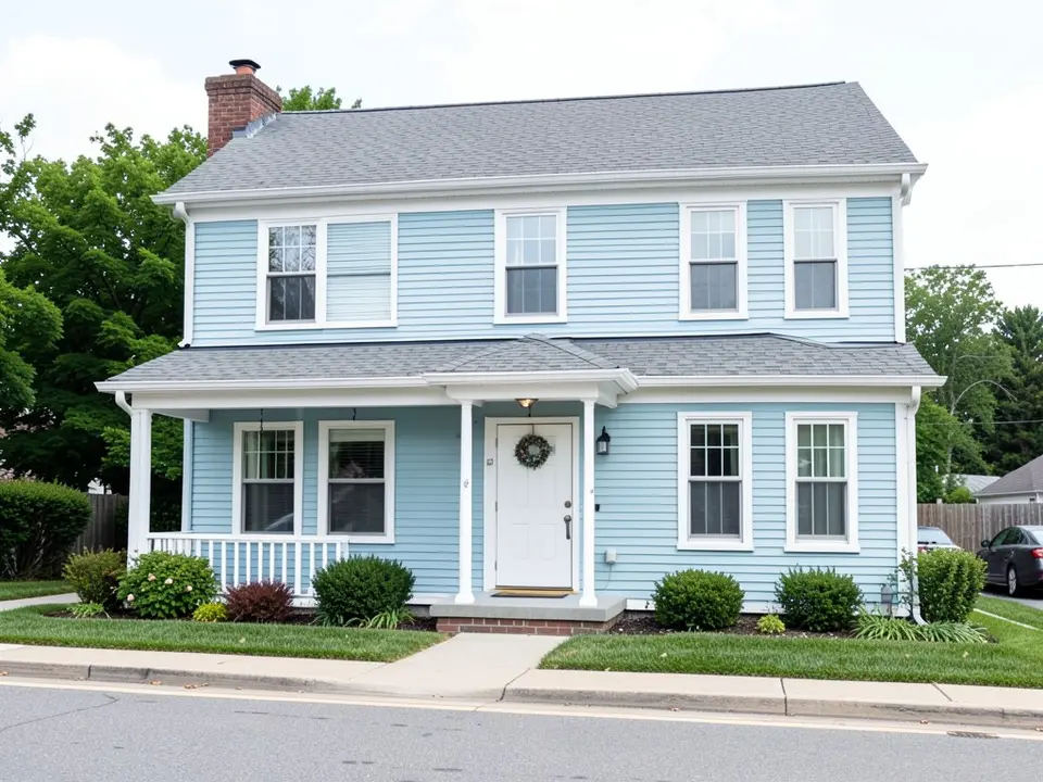 AI-drawn generic stand-in of a two-story colonial house with light blue lap siding, white trim, a gray roof and a white front door