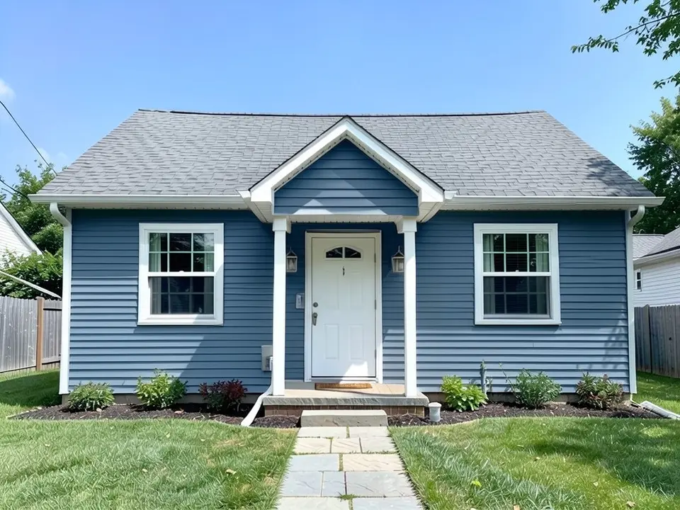 The same cottage with medium blue siding; white trim, white door and gray roof kept