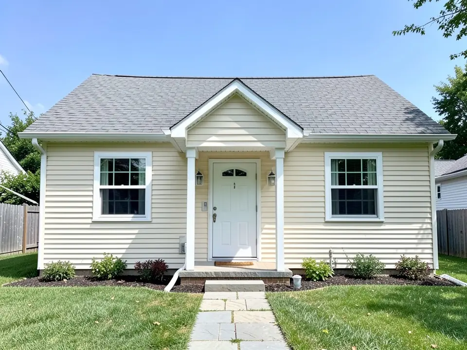 AI-drawn generic stand-in of a small one-story cottage with pale cream horizontal siding, white trim, a white front door under a small gabled porch and a gray shingle roof