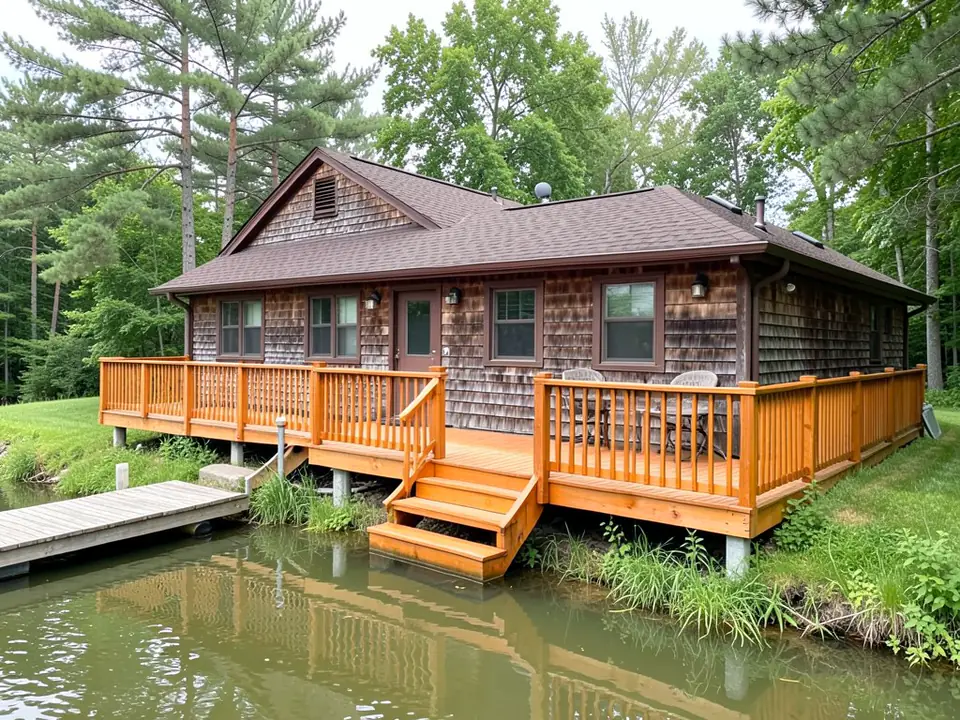AI-drawn stand-in of a single-story lake cottage with weathered brown cedar shingle siding, a brown shingle roof and a wide deck whose boards, steps and wooden baluster railing have a shiny orange stain, beside a small dock on calm water