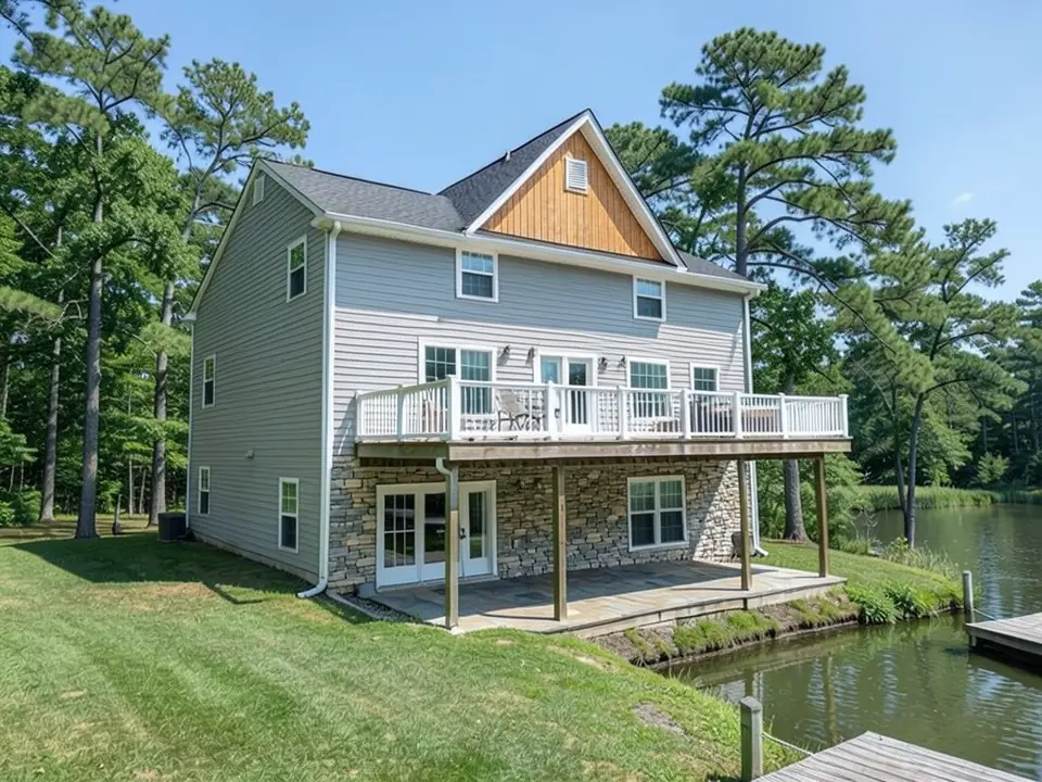 The same lake house with grey and tan stacked stone on the lower walkout level and warm cedar vertical boards in the top gable; grey siding above, deck, patio, side wall, dock and trees kept