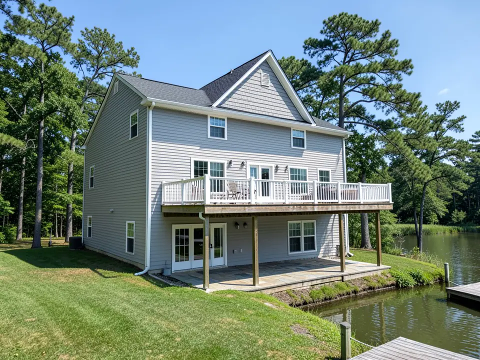 AI-drawn stand-in of a two-story lake house with a walkout lower level, clad all over in light grey lap siding with white trim, a deck with white railings above a stone patio, tall pines and a dock on the lake at the right
