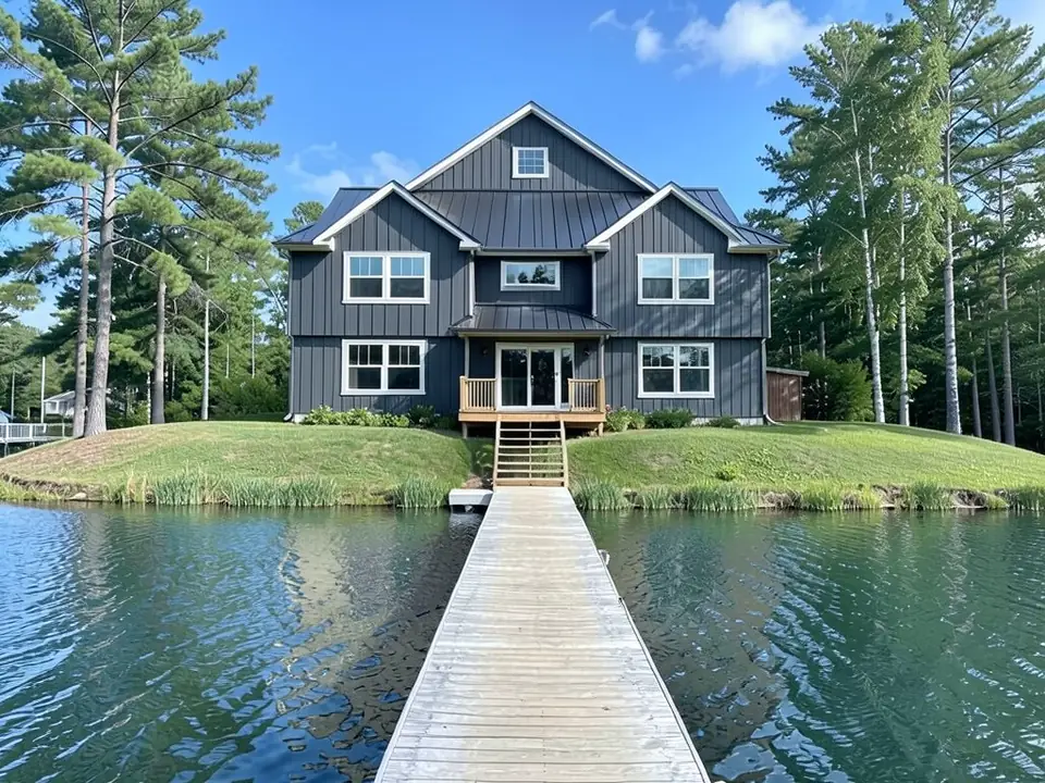 The same lake house with charcoal vertical board siding, a dark standing-seam metal roof and white window trim; house shape, windows, wooden deck, dock, water and trees kept