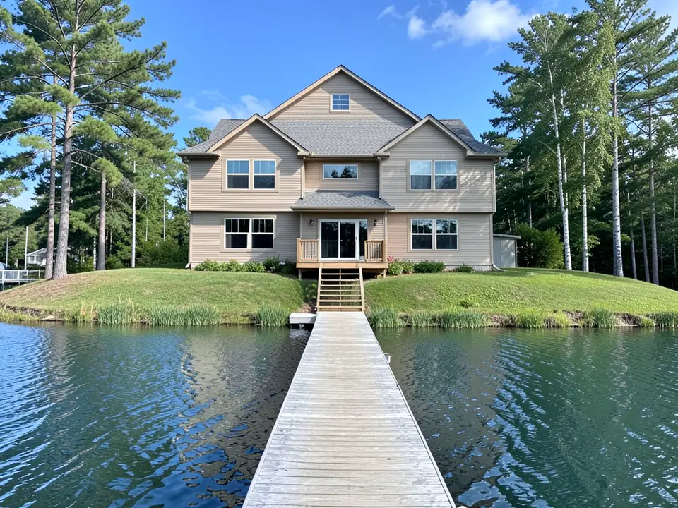 AI-drawn stand-in of a two-story lake house seen from the end of a long wooden dock, with tan horizontal vinyl siding, a grey shingle roof, beige window trim, a small wooden deck with steps down a grassy slope, pine and birch trees and calm water