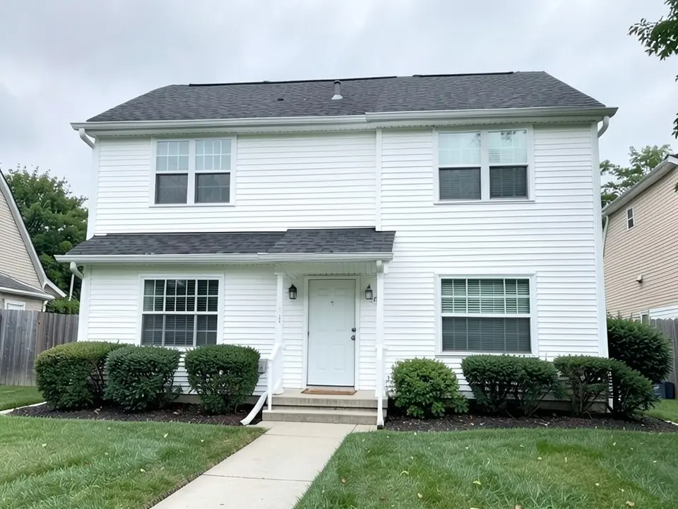The same house with white horizontal lap siding; white trim, door and dark gray roof kept; board height looks about the same as before