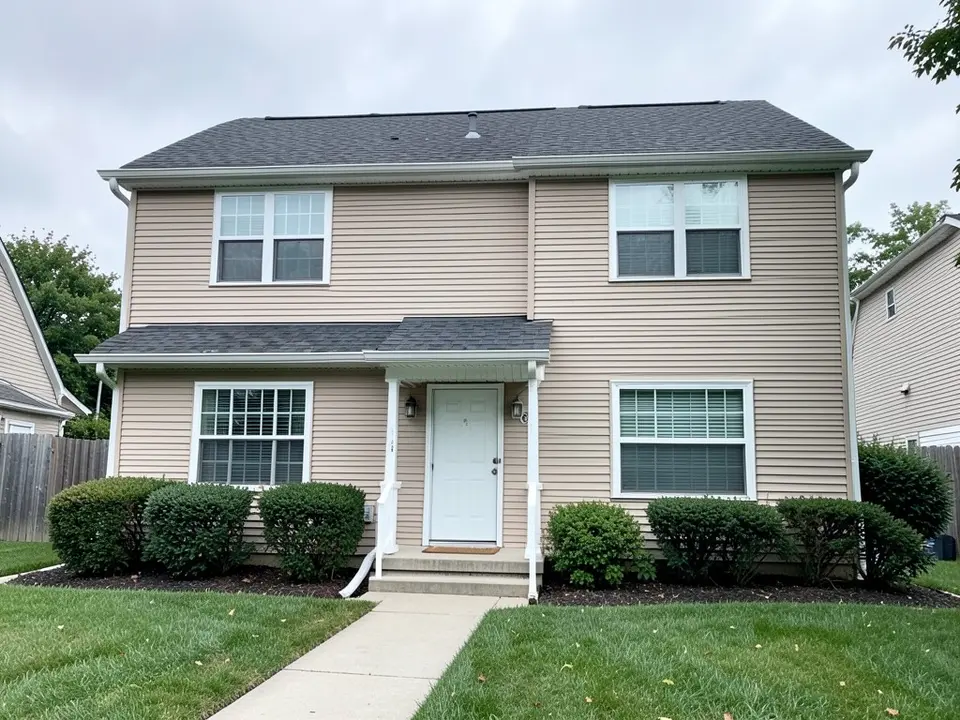 AI-drawn generic stand-in of a two-story house with beige narrow horizontal lap siding, white trim, a small stoop with a white door and a dark gray shingle roof