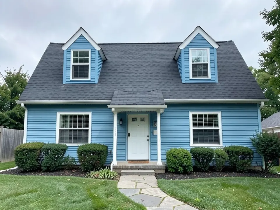 The same house with soft blue horizontal siding on the walls and both dormers; white trim, door and dark gray roof kept