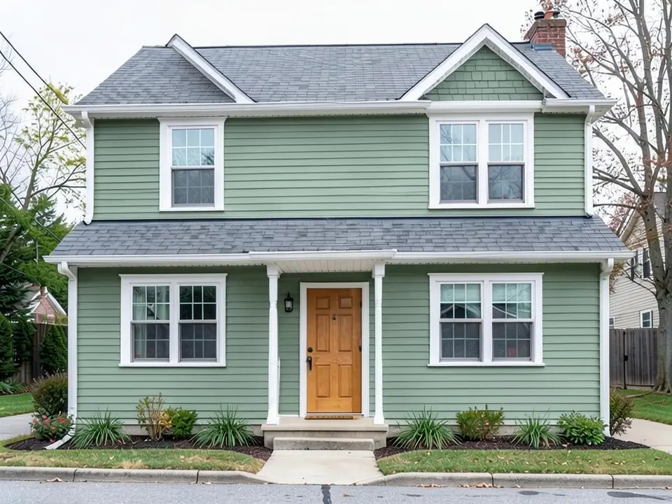 The same house with muted sage green lap siding; the white trim, gray roof and orange door kept