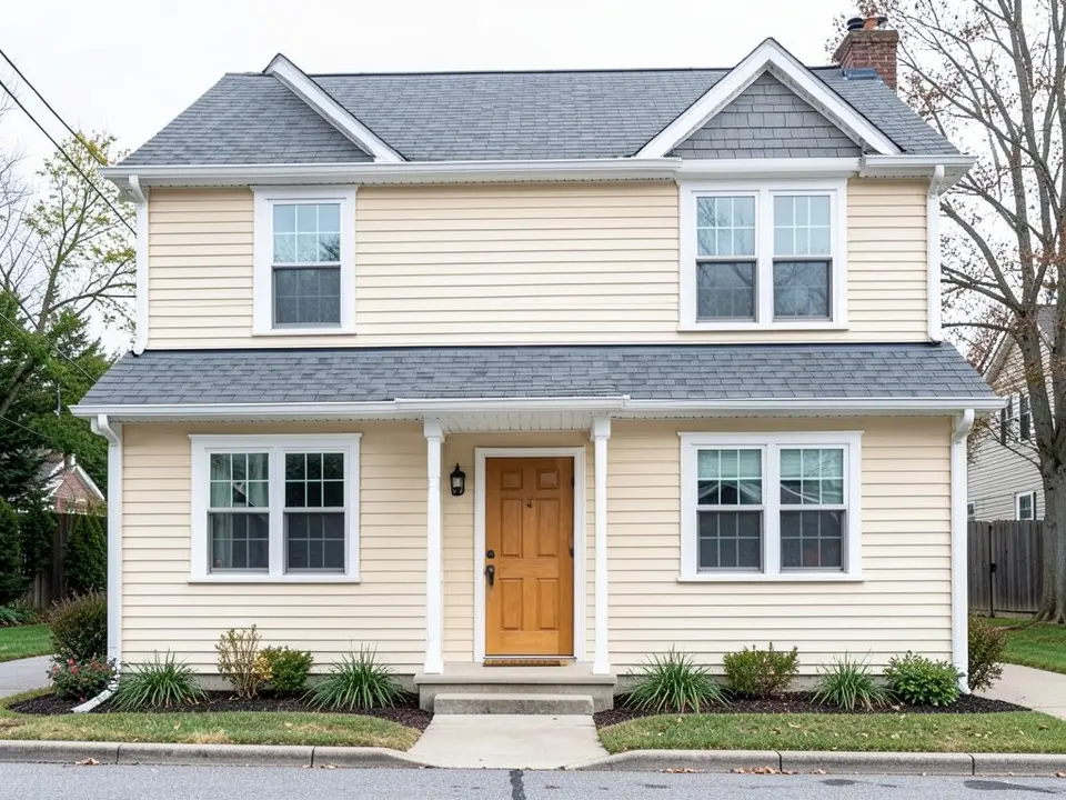 AI-drawn generic stand-in of a two-story house with cream engineered wood lap siding, white trim, a gray roof and a wood front door