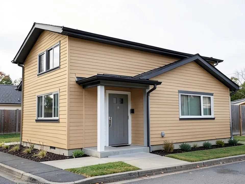 The same modern house with golden sand siding and black trim; the flat roof kept