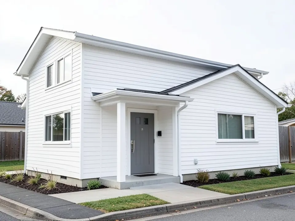 AI-drawn generic stand-in of a modern house with white engineered wood lap siding, white trim, a flat roof and a gray door