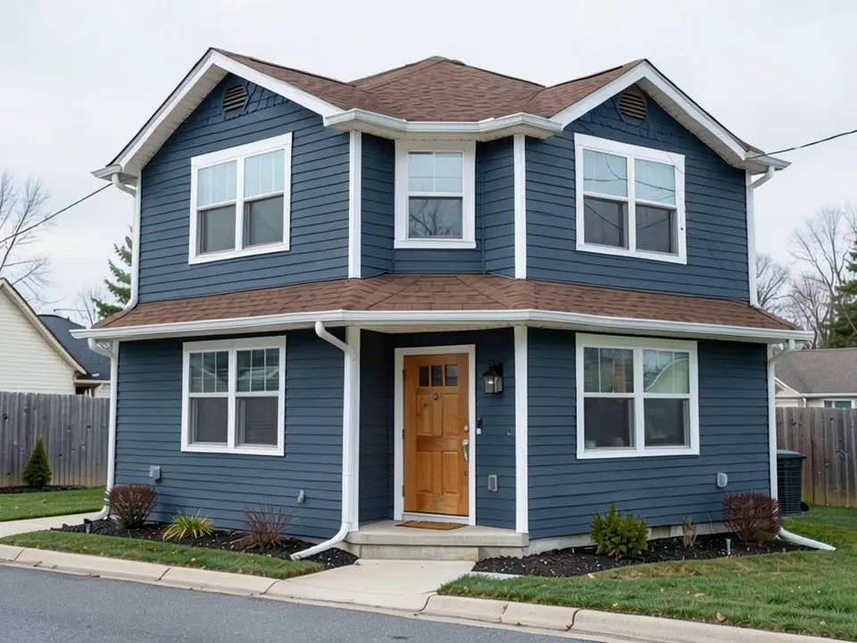 The same house with deep slate blue-gray lap siding; the white trim, brown roof and wood door kept