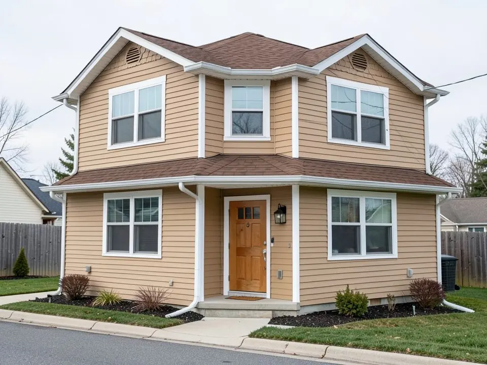 AI-drawn generic stand-in of a two-story house with tan engineered wood lap siding, white trim, a brown roof and a wood front door