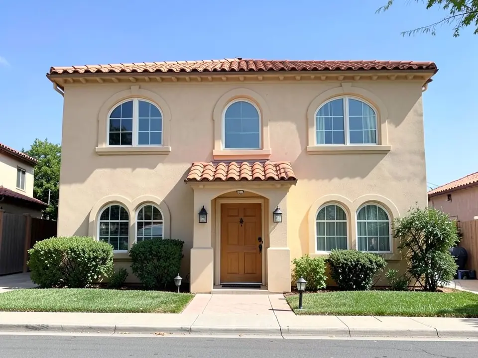 AI-drawn generic stand-in of a two-story Mediterranean-style house with beige stucco walls, arched windows with beige trim, a wooden front door and an orange clay tile roof